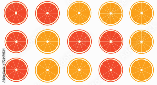Rows of sliced oranges and grapefruits arranged on white surface creating a vibrant and refreshing pattern, perfect for a summer theme.