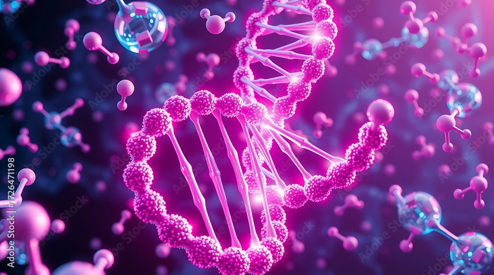 Obraz premium Vibrant DNA Strand Illustration with Molecular Structures and Pink Hue.