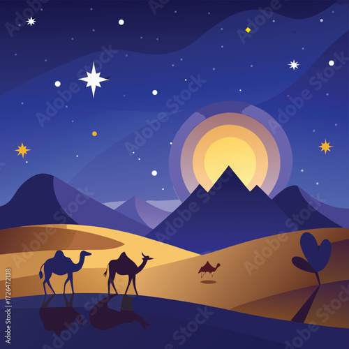 night desert scene with glowing stars and silhouet.eps