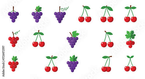 Fresh grapes and cherries arranged in neat rows on a white surface, showcasing vibrant colors and simple shapes, perfect for a clean and modern aesthetic.