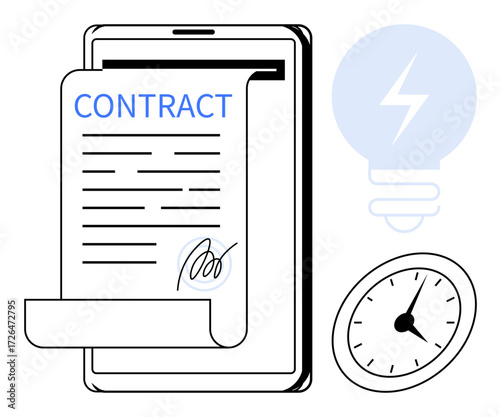 Contract displayed on a tablet with a signature, analog clock, and lightbulb representing ideas and time management. Ideal for legal, business, technology, productivity, innovation, time management