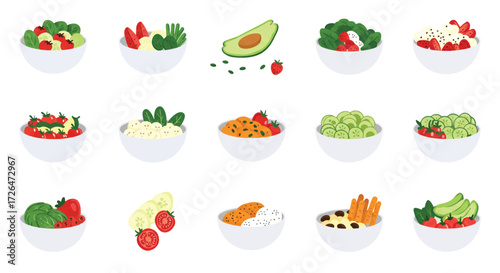 Various healthy salads displayed in white bowls on a clean surface, showcasing fresh ingredients and vibrant colors for a nutritious lifestyle.