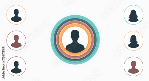 Silhouetted figures represent diverse individuals connecting through a central hub, symbolizing networking and collaboration in a modern, minimalist style.