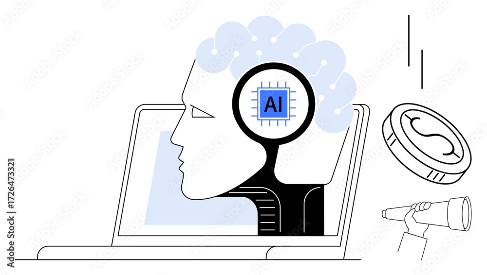 custom made wallpaper toronto digitalSide profile of a head with brain and AI microchip inside a laptop, telescope and coin symbolizing technology, finance, innovation. Ideal for AI, machine learning, finance, creativity, progress