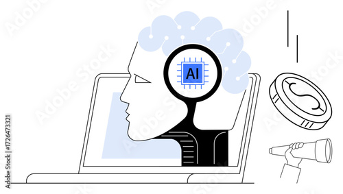 Wallpaper Mural Side profile of a head with brain and AI microchip inside a laptop, telescope and coin symbolizing technology, finance, innovation. Ideal for AI, machine learning, finance, creativity, progress Torontodigital.ca