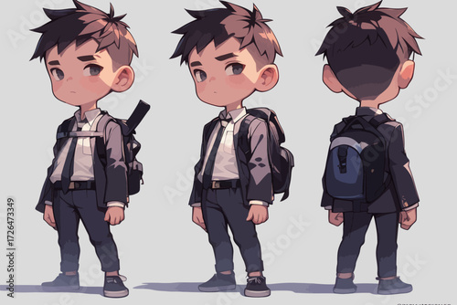 A young boy stands in a cool outfit, featuring a jacket and backpack. His confident pose shows off his unique character design, appealing to all ages.