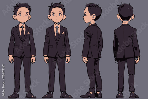 A young man stands in a tailored black suit, displaying various poses. His look includes a matching tie and polished shoes, perfect for formal occasions or events.