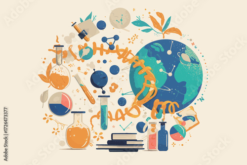 This artwork features vibrant science themes like Earth, lab flasks, and molecular diagrams, highlighting the significance of research and discovery.