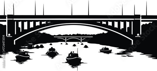 Black and White Vector Illustration of Small Fishing Boats Moored Under a Large Arch Bridge Over a Calm River or Harbor Waterway Scene