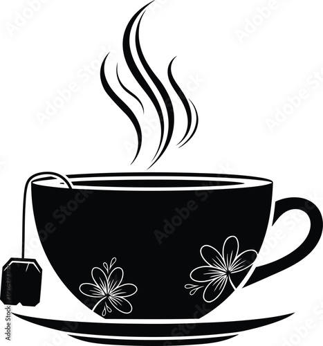  Elegant Steaming Teacup with Floral Pattern Vector Illustration, Hot Beverage Morning Drink.
