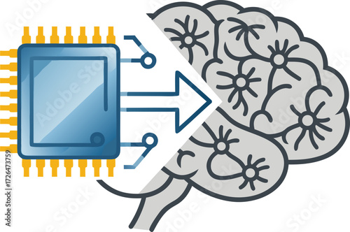 The chip is gradually replacing the human brain, symbolizing the obsolescence of manual labor and the transition to the era of artificial intelligence and automation.