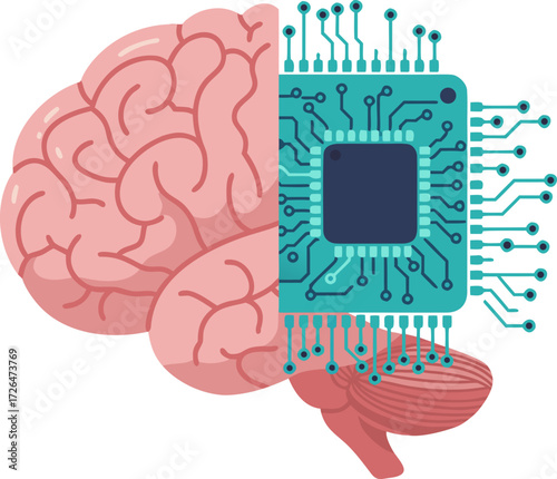 The chip is gradually replacing the human brain, symbolizing the obsolescence of manual labor and the transition to the era of artificial intelligence and automation.