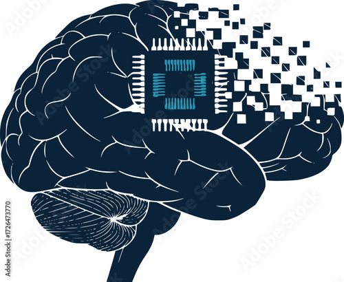 The chip is gradually replacing the human brain, symbolizing the obsolescence of manual labor and the transition to the era of artificial intelligence and automation.