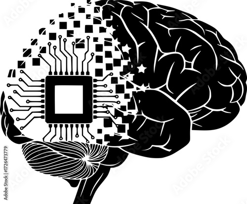 The chip is gradually replacing the human brain, symbolizing the obsolescence of manual labor and the transition to the era of artificial intelligence and automation.