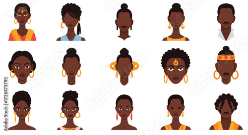 Diverse group of african american women and men showing various hairstyles and facial features in a modern and inclusive style.