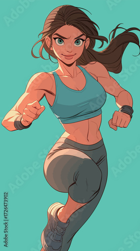 A young woman in a fitted outfit runs energetically against a vibrant turquoise background. Her sporty appearance highlights a joyful and active lifestyle.