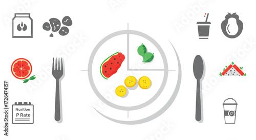Balanced meal plan shows proper nutrition with fruits, vegetables and protein on a plate, promoting healthy eating habits and lifestyle.