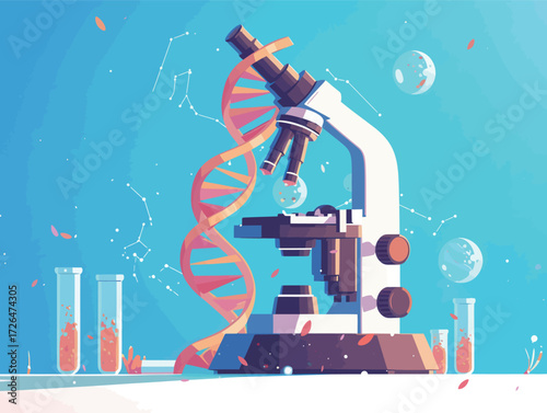 A bright laboratory scene features a modern microscope next to a DNA strand.