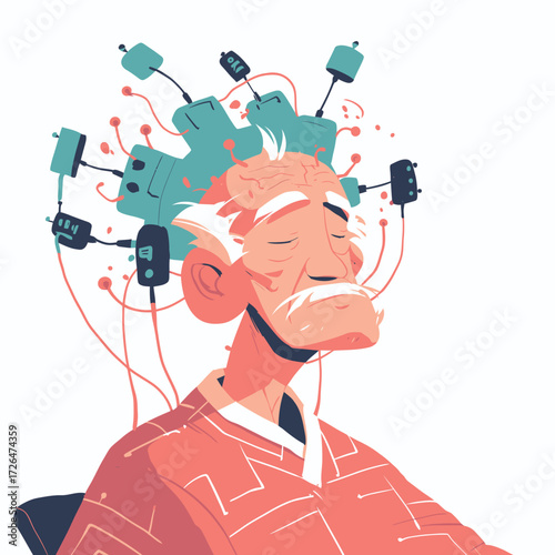 An elderly man sits calmly in a chair wearing a traditional outfit while undergoing a unique hairstyle treatment with futuristic devices attached to his head.