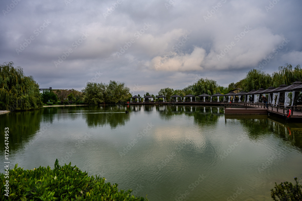 Fototapeta premium Lakeside Pavilion View in Shamakhi Azerbaijan