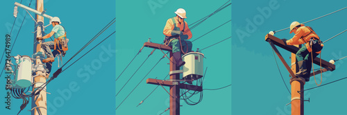 Electricians work diligently on power poles, ensuring safety and functionality of power lines under a clear blue sky. They climb poles and inspect equipment.