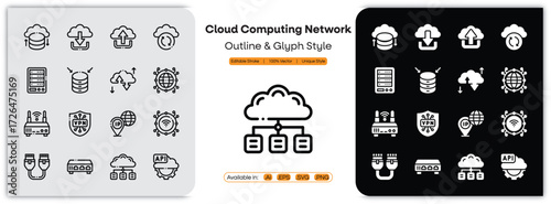 Cloud Computing Network outline & glyph icons set with editable stroke, featuring server, database, cloud storage, connection, security, hosting, upload, download, data, technology illustration