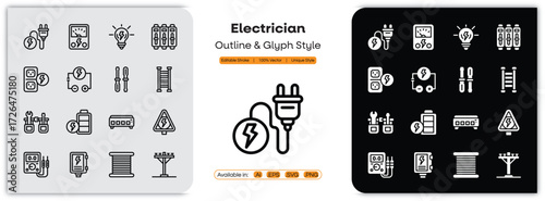 Electrician outline & glyph icons set with editable stroke, featuring worker, tools, plug, socket, wire, bulb, switch, multimeter, circuit, maintenance, power illustration