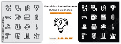 Electrician Tools and Elements outline & glyph icons set with editable stroke, featuring pliers, screwdriver, wire cutter, plug, socket, cable, bulb, multimeter, switch, circuit illustration