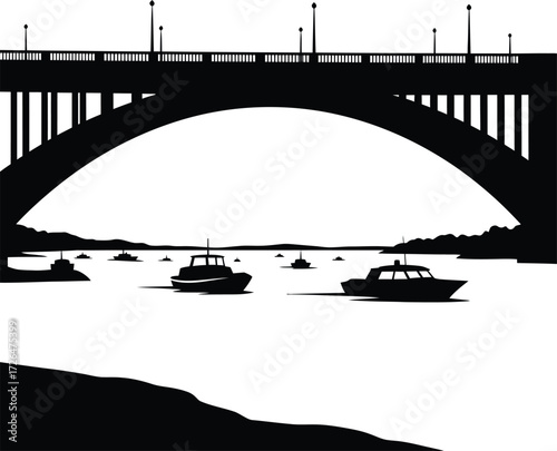 Arch Bridge Silhouette Over Water with Moored Boats and Police Patrol Vessel – Monochrome Vector Illustration for Transportation, Infrastructure, and Cityscape.