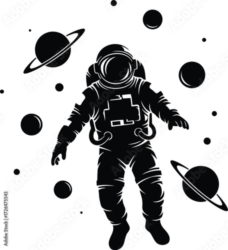Astronaut Floating in Zero Gravity Surrounded by Planets and Stars – Minimalist Black and White Vector Illustration for Space Exploration, Science, and Discovery.