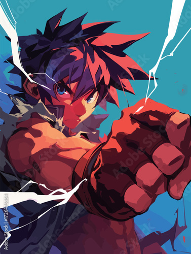 A striking character is shown in an intense pose, preparing to unleash an energy blast. Bright colors and dynamic lines create a sense of movement and urgency.