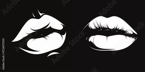 This artwork features a black and white stylized representation of lips, highlighting unique shapes and textures.