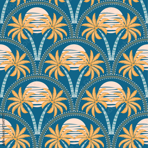 Seamless tropical pattern featuring orange palm trees and sunset arches on a deep blue background, bold exotic summer style.