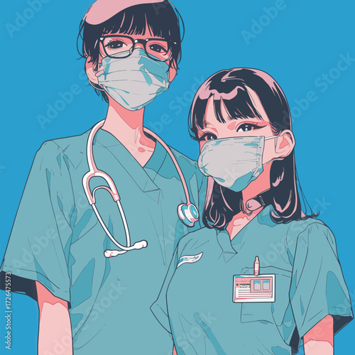 Two female healthcare workers dressed in scrubs and masks stand together, smiling gently. Their bright attire contrasts with the vivid background, creating a positive scene.