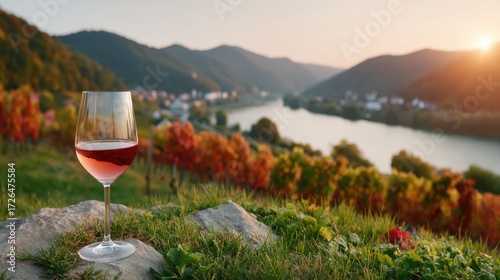 Wine Glass Filled with Rose Wine Overlooking Vineyard at Sunset with Hills in Background