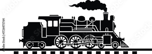 Classic Steam Train Engine on Rails with Smoke Billowing from the Chimney – Retro Black and White Vector Silhouette for Travel, History, and Transport.