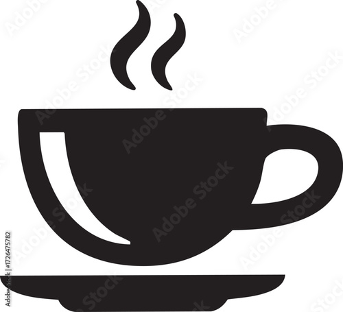 Black silhouette of a steaming coffee cup on a saucer