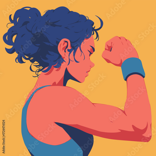 A confident woman shows her strength by flexing her arm. Her curly hair and focused gaze highlight a sense of empowerment and determination.