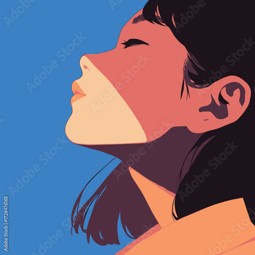 A woman stands with her head tilted slightly back, eyes closed, enjoying the sun on her face.
