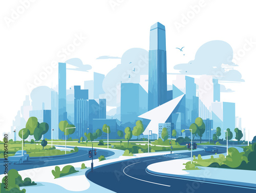 This vibrant urban scene features a modern skyline filled with tall buildings and lush trees. The road curves through the park, suggesting a lively city life.