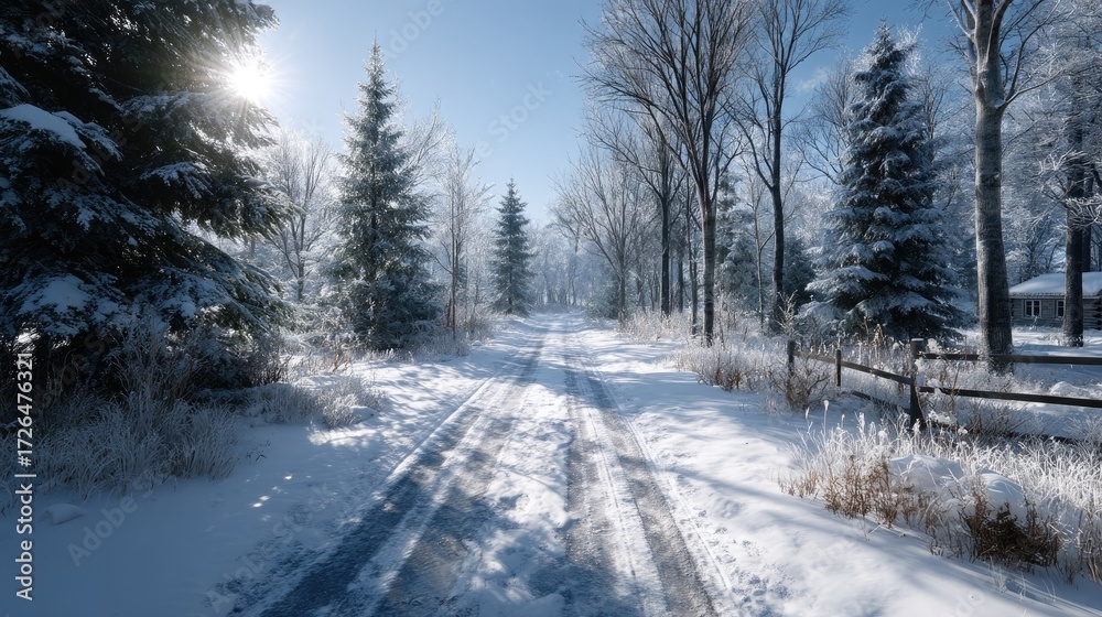 Obraz premium Winter Snow Covered Forest Road with Sunlight Glare Through Trees in Cinematic HDR Landscape