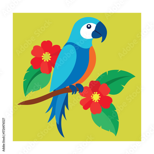 Blue macaw parrot perched on a branch with flowers Keywords: parrot, macaw, blue, bird, perched