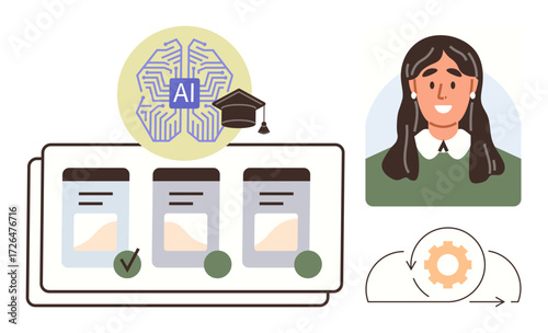 AI chip with graduation cap, document selection, checkmarks, woman avatar, and automation gear cycle. Ideal for education, technology, decision-making, machine learning innovation personalization