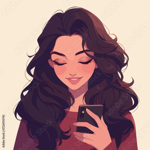 A young woman with long dark hair smiles gently while looking at her smartphone. She is dressed in a comfortable sweater, enjoying a moment of connection.