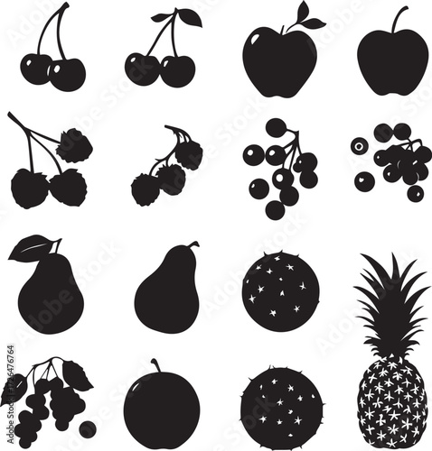 Fruit Silhouette Icon Set Vector: Apple, Pear, Pineapple, Berries, and Cherry Collection