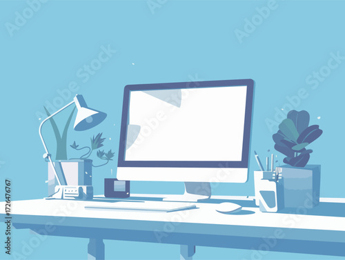 A stylish workspace features a large computer monitor on a white desk. Desk accessories include a lamp, a clock, and indoor plants, creating a fresh atmosphere.