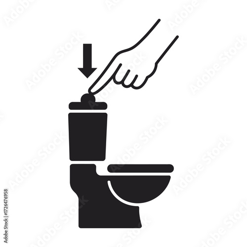 Illustration of a hand pressing the flush button on a toilet with an arrow indicating downward motion