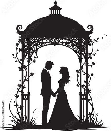 Black silhouette couple holding hands under ornate gazebo