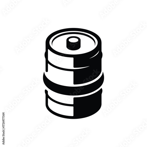 Black and white illustration of a cylindrical keg with bands and a top valve