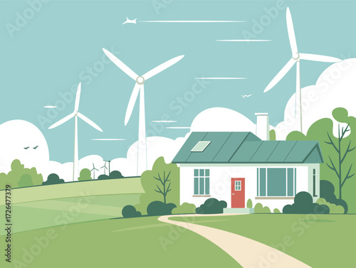 A peaceful scene features a modern house nestled in a bright green field. Several wind turbines spin gracefully against a clear blue sky, promoting clean energy.